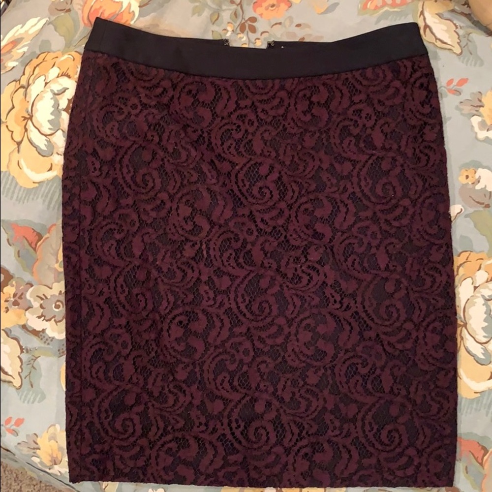 Loft Maroon lace and black skirt EUC 10